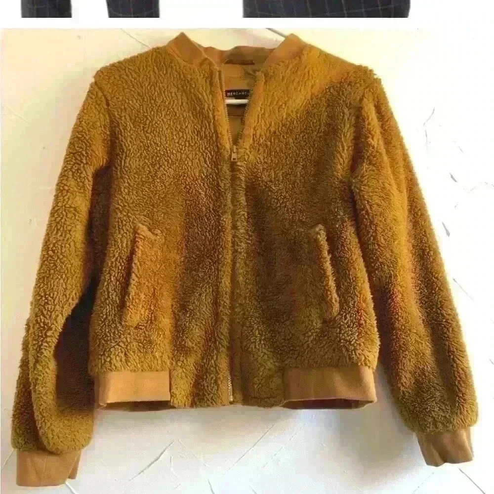 JCREW MERCANTILE - TEDDY BOMBER JACKET - SMALL - GOLD/BROWN